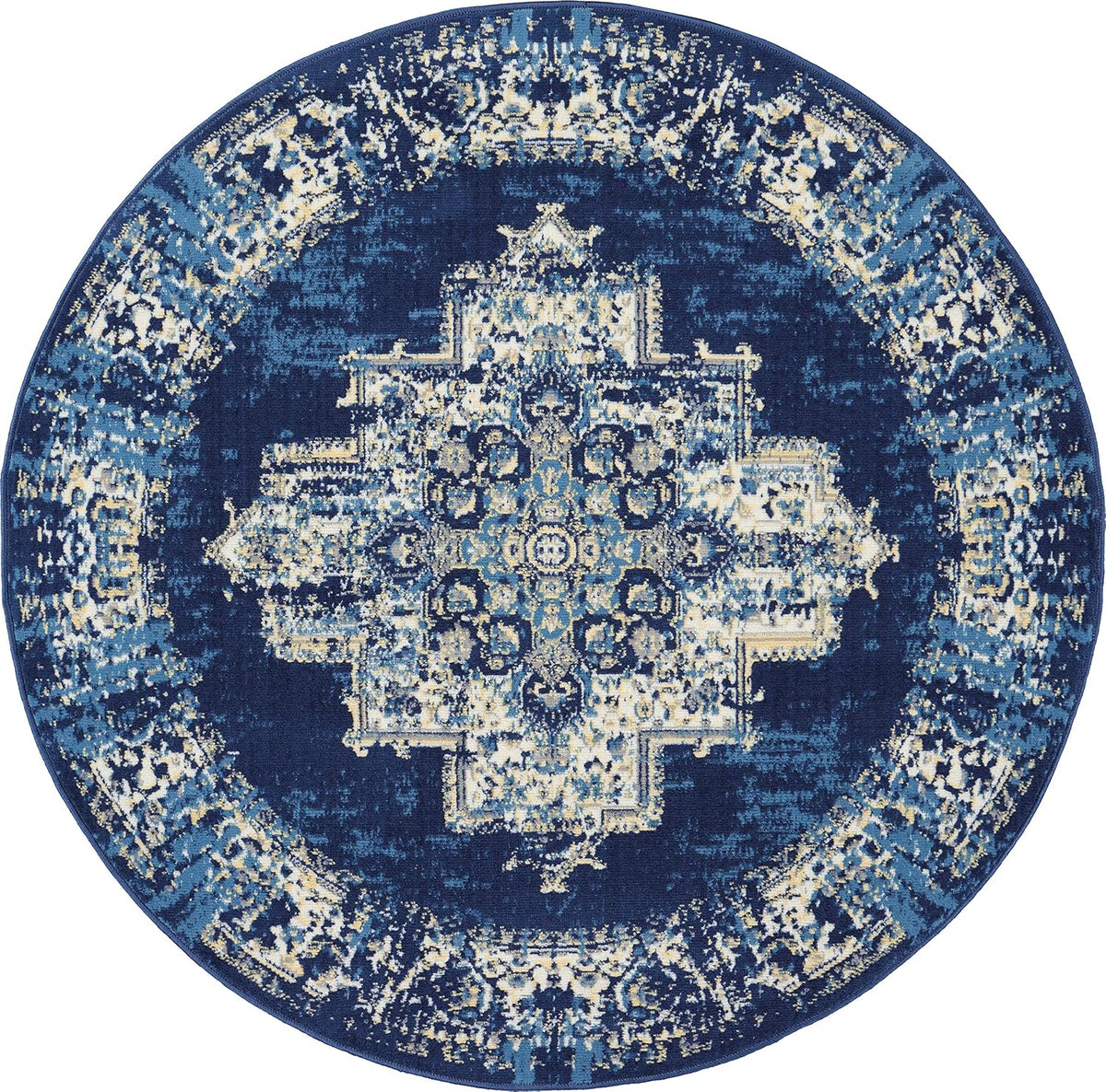 Nourison Home Grafix Navy Blue 5'3" x Round Area Rug - Easy Clean, Non Shedding, Bed Room, Living Room, Dining Room, Kitchen (5' x Round)